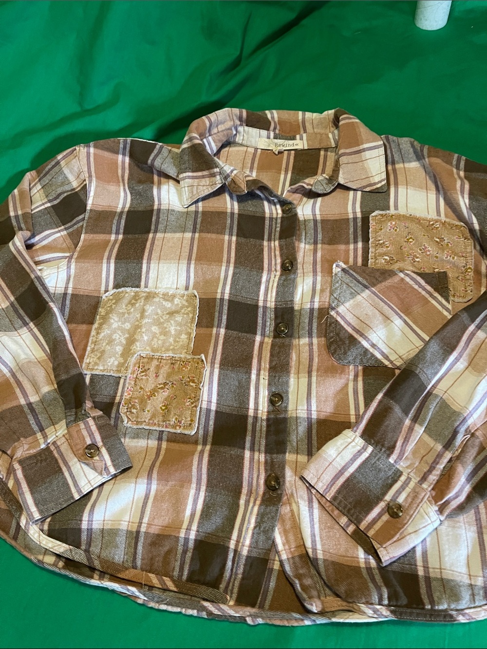 Rewind Brown Plaid Patchwork Button-Down Shirt